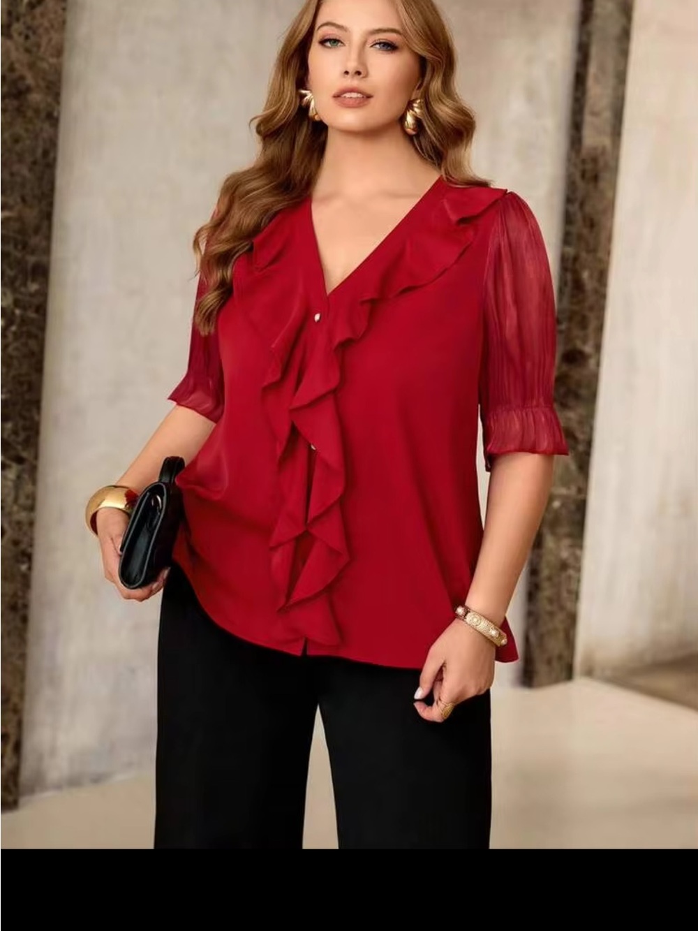 SHEIN Red Ruffle V-Neck Blouse
